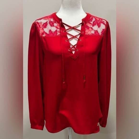 True Religion Lace Panels Lace Up Long Sleeve Red Blouse - Picture 1 of 5
